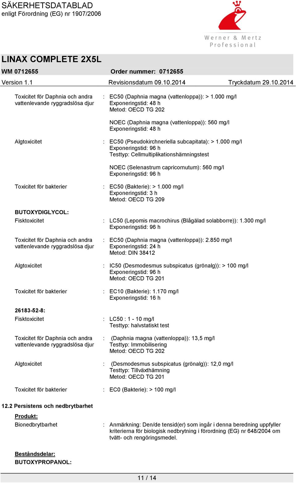 000 mg/l Testtyp: Cellmultiplikationshämningstest NOEC (Selenastrum capricornutum): 560 mg/l Toxicitet för bakterier BUTOXYDIGLYCOL: Fisktoxicitet Toxicitet för Daphnia och andra vattenlevande
