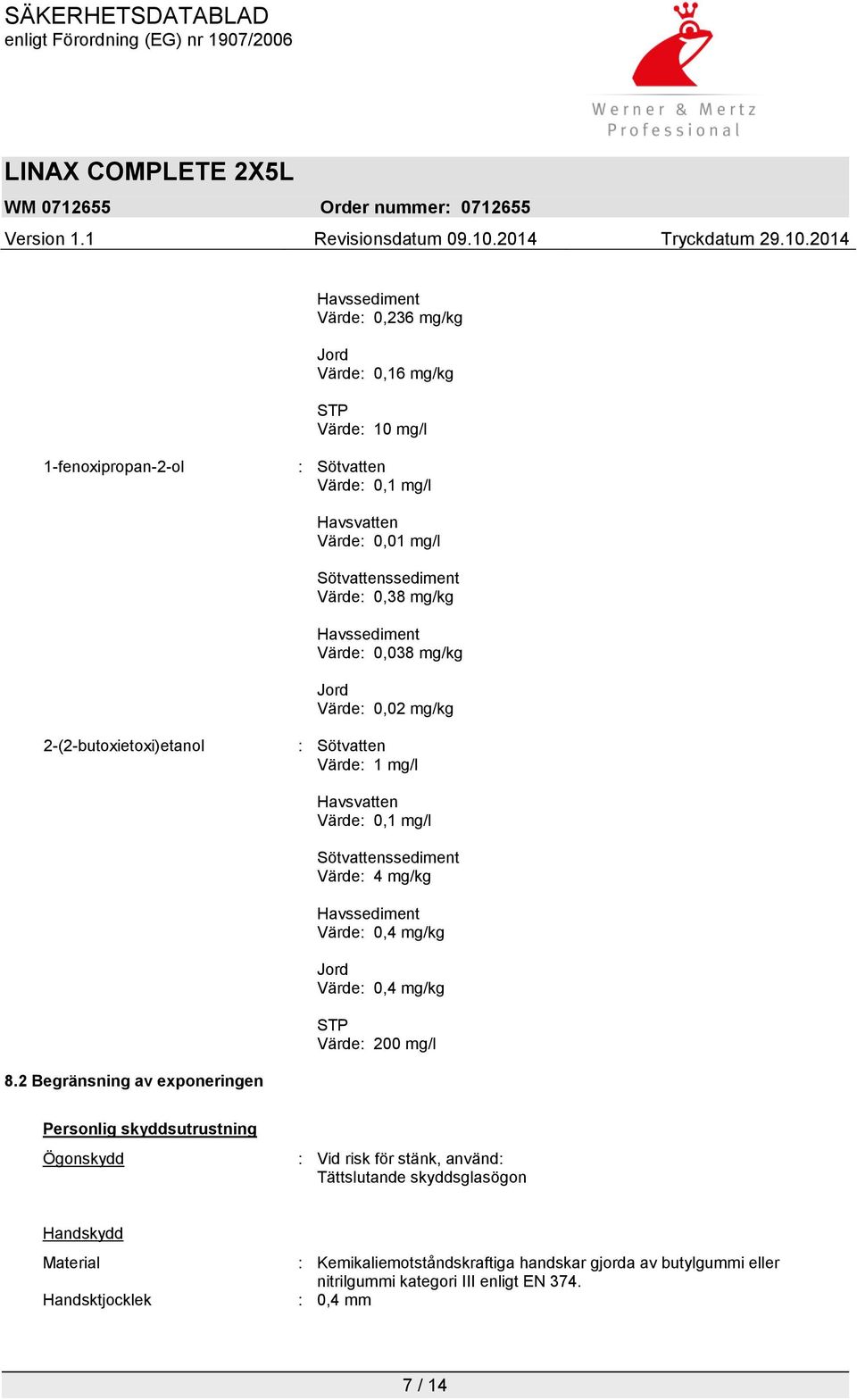 Havssediment Värde: 0,4 mg/kg Jord Värde: 0,4 mg/kg STP Värde: 200 mg/l 8.