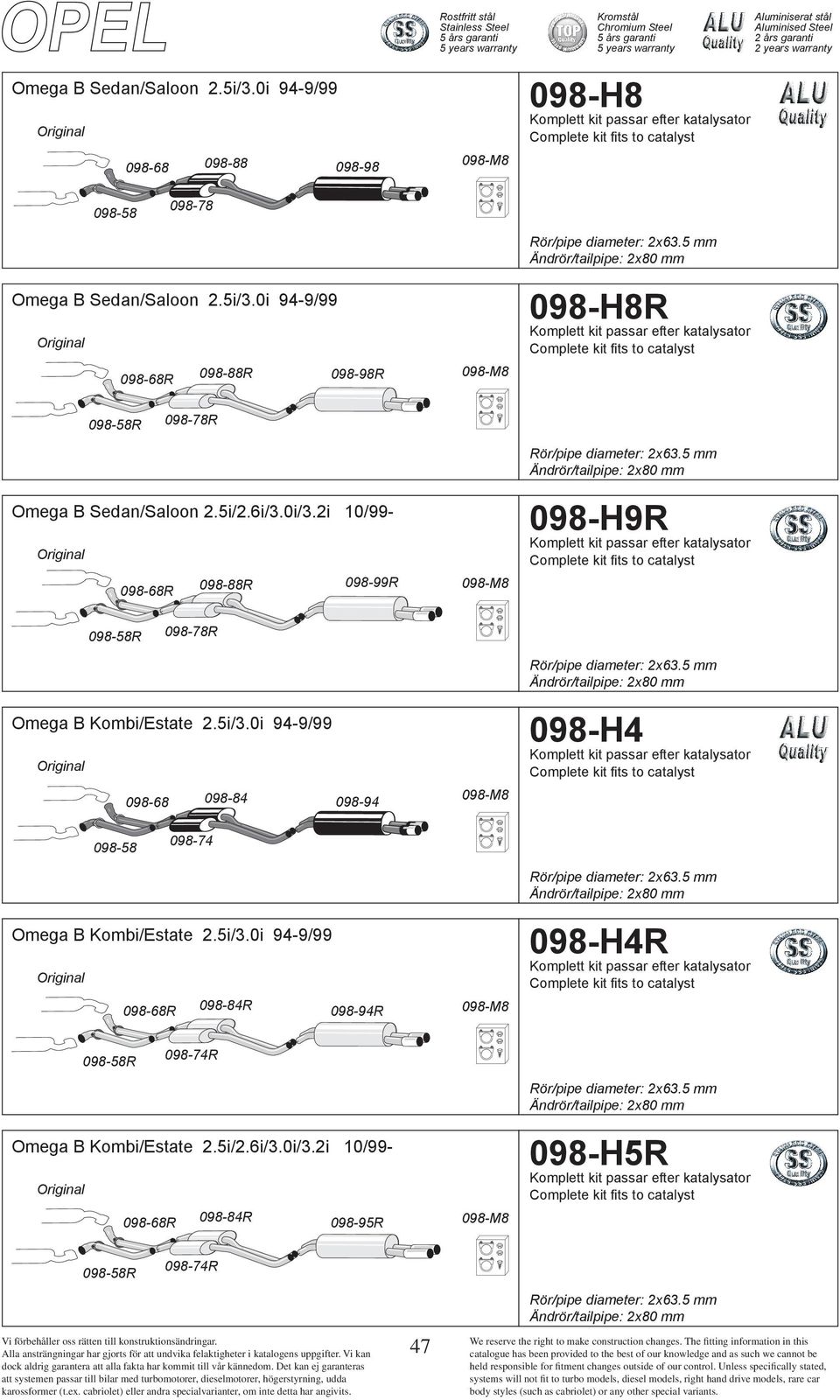 0i 94-9/99 098-68 098-84 098-94 098-H4 098-58 098-74 Omega B Kombi/Estate 2.5i/3.