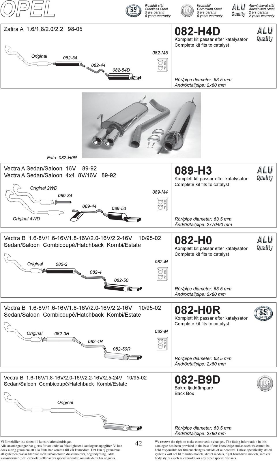 089-H3 089-44 089-53 4WD Vectra B 1.6-8V/1.6-16V/1.8-16V/2.0-16V/2.