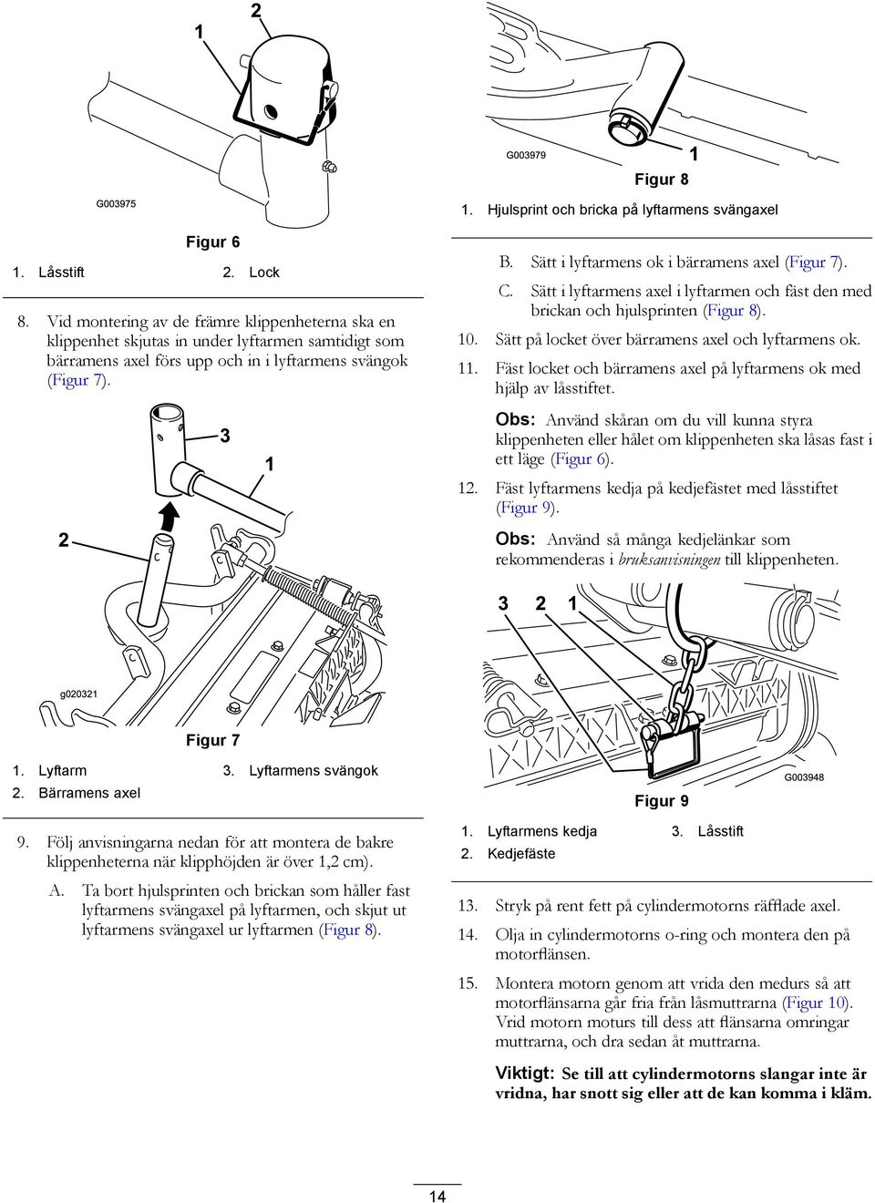 Sätt i lyftarmens ok i bärramens axel (Figur 7). C. Sätt i lyftarmens axel i lyftarmen och fäst den med brickan och hjulsprinten (Figur 8). 10. Sätt på locket över bärramens axel och lyftarmens ok.