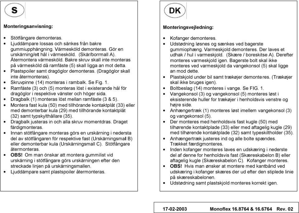 Skruvpinne (14) monteras i rambalk. Se Fig. 1. Ramfäste (3) och (5) monteras löst i existerande hål för dragöglor i respektive vänster och höger sida.