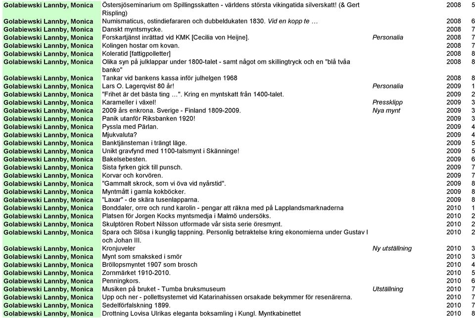2008 7 Golabiewski Lannby, Monica Forskartjänst inrättad vid KMK [Cecilia von Heijne]. Personalia 2008 7 Golabiewski Lannby, Monica Kolingen hostar om kovan.