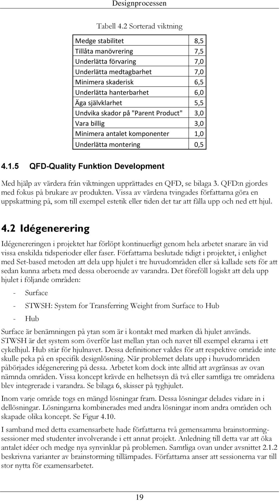 skador på "Parent Product" 3,0 Vara billig 3,0 Minimera antalet komponenter 1,0 Underlätta montering 0,5 4.1.5 QFD-Quality Funktion Development Med hjälp av värdera från viktningen upprättades en QFD, se bilaga 3.