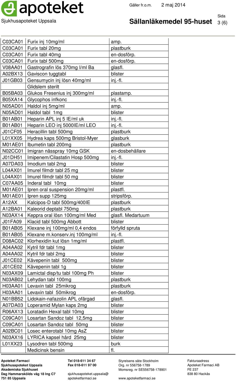 B01AB01 Heparin APL inj 5 IE/ml uk B01AB01 Heparin LEO inj 5000IE/ml LEO J01CF05 Heracillin tabl 500mg L01XX05 Hydrea kaps 500mg Bristol-Myer glasburk M01AE01 Ibumetin tabl 200mg N02CC01 Imigran