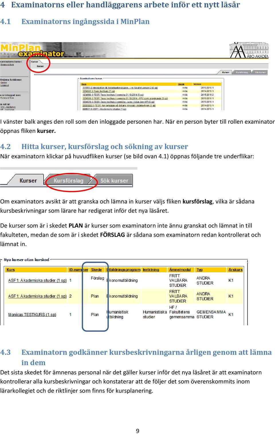 1) öppnas följande tre underflikar: Om examinators avsikt är att granska och lämna in kurser väljs fliken kursförslag, vilka är sådana kursbeskrivningar som lärare har redigerat inför det nya läsåret.