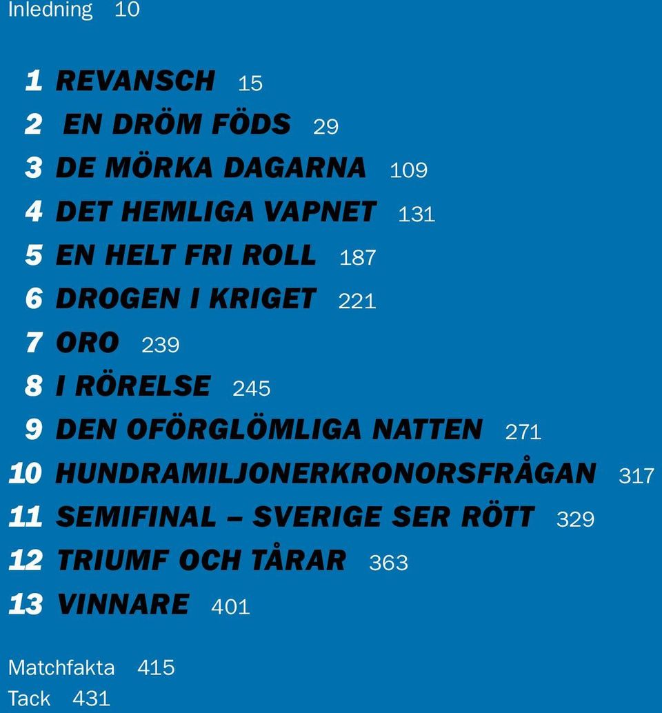 9 Den oförglömliga natten 271 10 Hundramiljonerkronorsfrågan 317 11 Semifinal