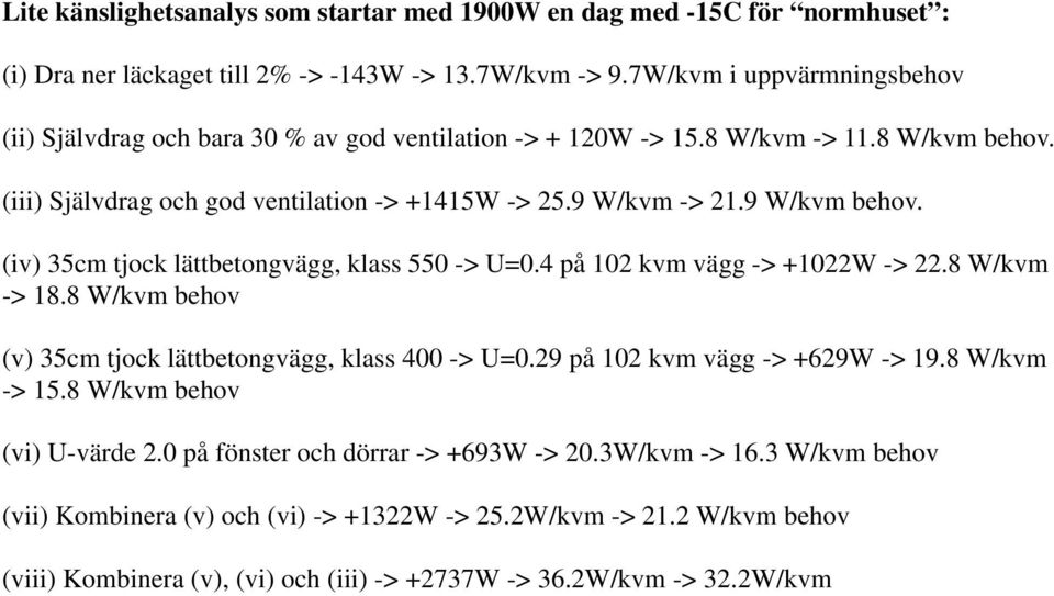 9 W/kvm behov. (iv) 35cm tjock lättbetongvägg, klass 550 -> U=0.4 på 02 kvm vägg -> +022W -> 22.8 W/kvm -> 8.