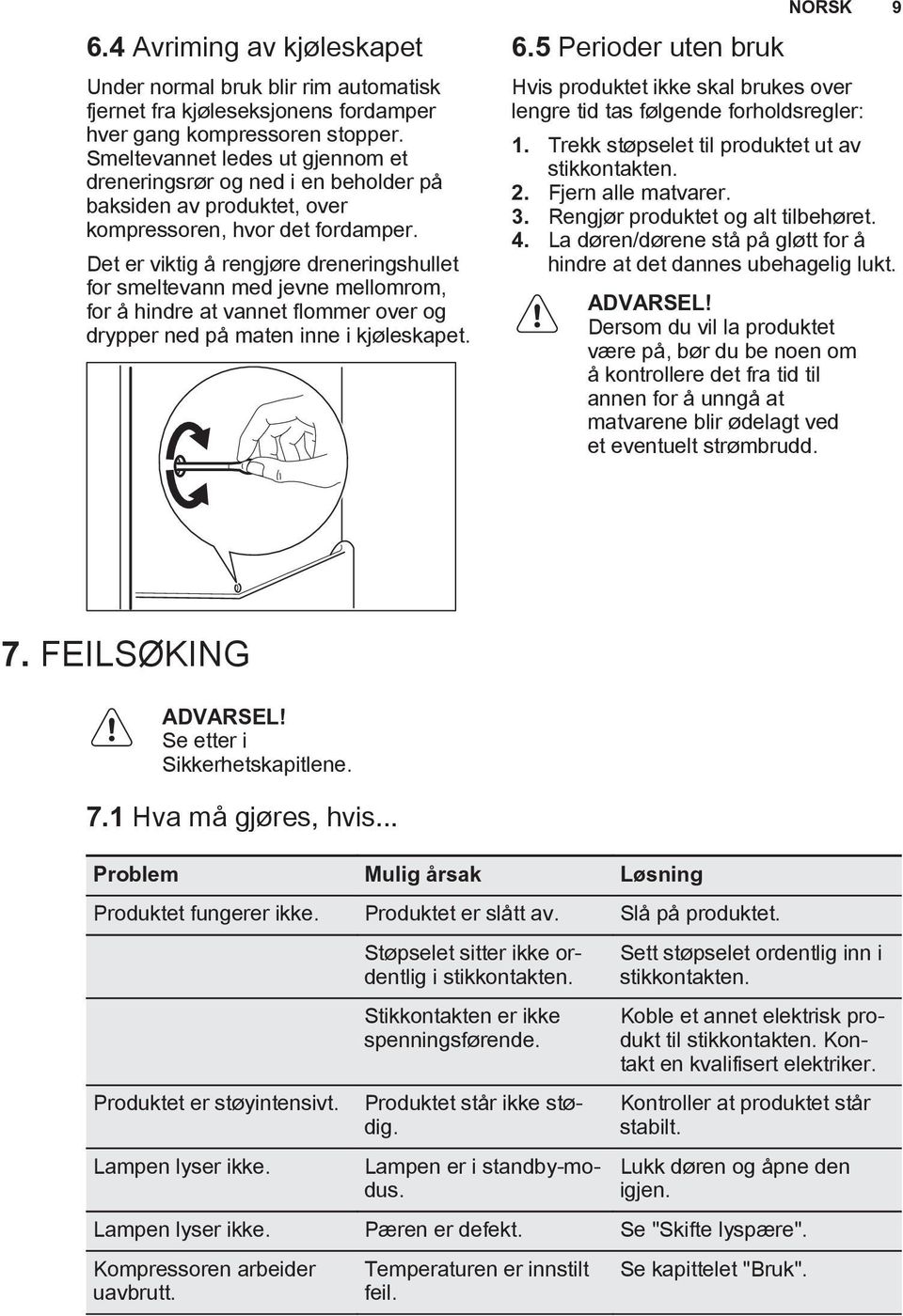 Det er viktig å rengjøre dreneringshullet for smeltevann med jevne mellomrom, for å hindre at vannet flommer over og drypper ned på maten inne i kjøleskapet. 6.