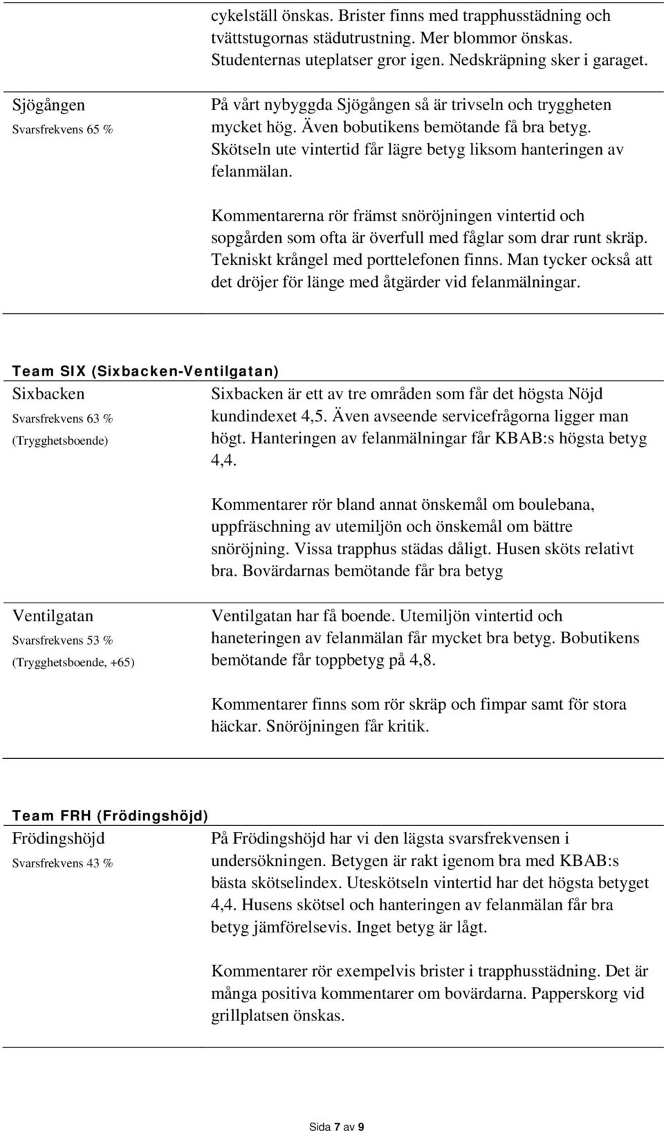 Skötseln ute vintertid får lägre betyg liksom hanteringen av felanmälan. Kommentarerna rör främst snöröjningen vintertid och sopgården som ofta är överfull med fåglar som drar runt skräp.