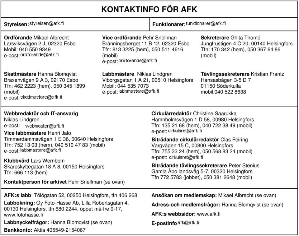 Helsingfors Mobil: 044 535 7073 Sekreterare Ghita Thomé Jungfrustigen 4 C 20, 00140 Helsingfors Tfn: 170 342 (hem), 050 367 64 86 (mobil) Tävlingssekreterare Kristian Frantz Hansasbågen 3-5 D 7 01150