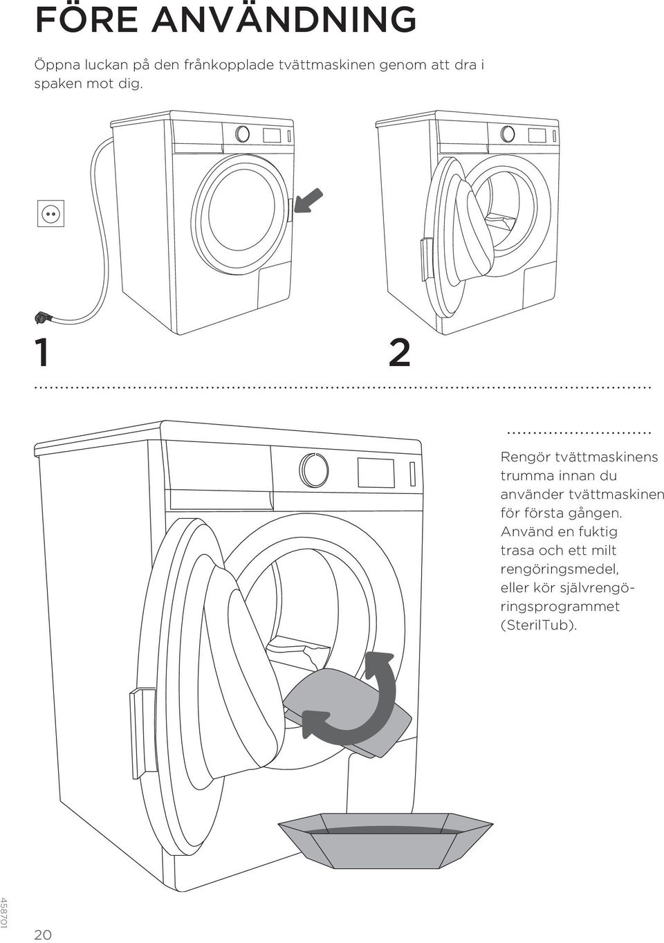 1 2 Rengör tvättmaskinens trumma innan du använder tvättmaskinen för