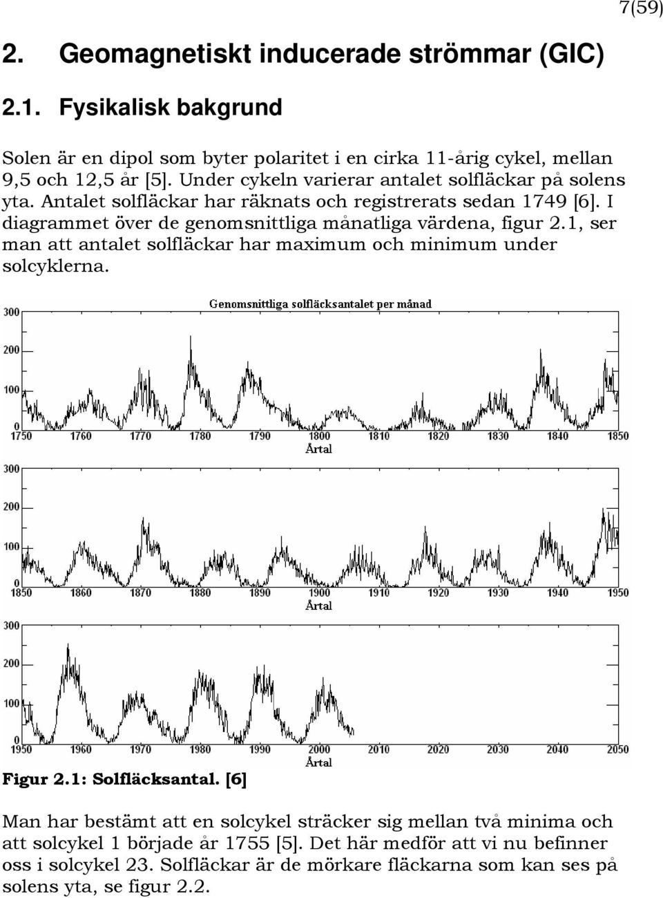 I diagrammet över de genomsnittliga månatliga värdena, figur 2.1, ser man att antalet solfläckar har maximum och minimum under solcyklerna. Figur 2.1: Solfläcksantal.