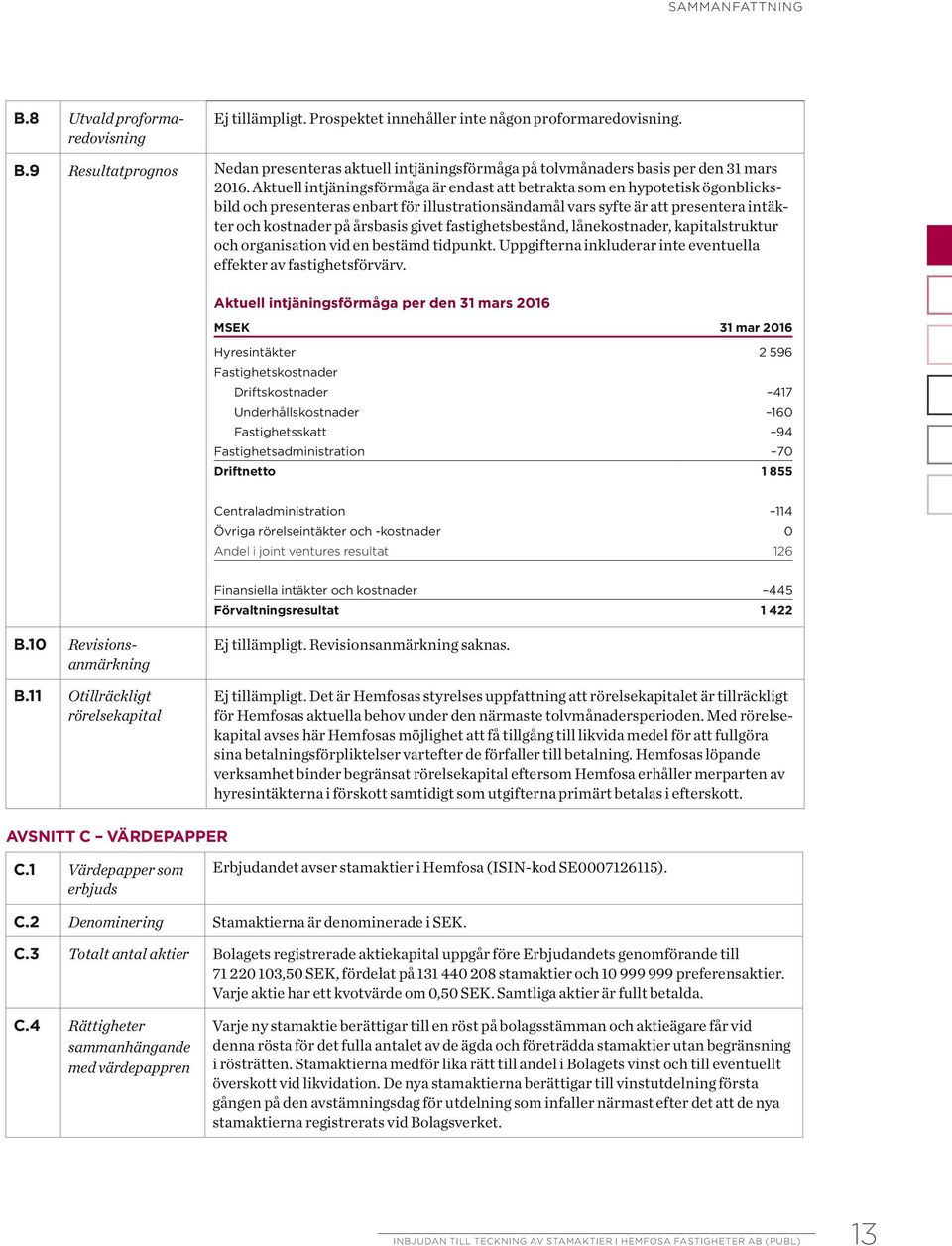 fastighetsbestånd, lånekostnader, kapitalstruktur och organisation vid en bestämd tidpunkt. Uppgifterna inkluderar inte eventuella effekter av fastighetsförvärv.