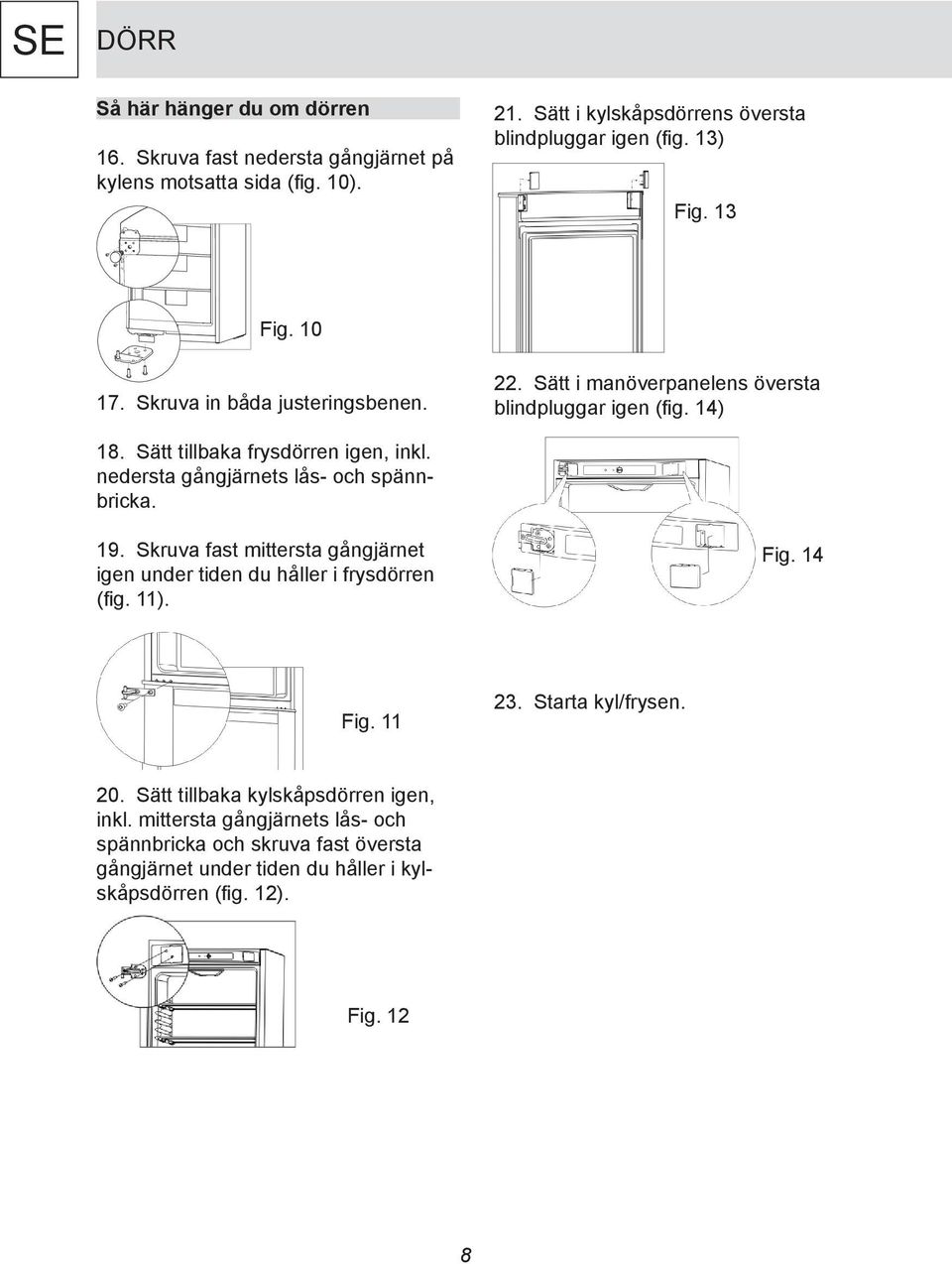 nedersta gångjärnets lås- och spännbricka. 19. Skruva fast mittersta gångjärnet igen under tiden du håller i frysdörren (fig. 11). Fig. 14 Fig. 11 23. Starta kyl/frysen.