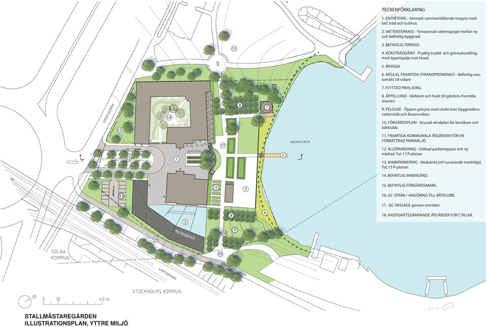 FLYTTAD PAVILJONG 15 12 14 1 17 8 7 5 8. ÄPPELLUND - Vårblom och frukt till gårdens framtida musteri. 9. PELOUSE - Öppen gräsyta med utsikt över byggnadens vattenridå och Brunnsviken. 10.