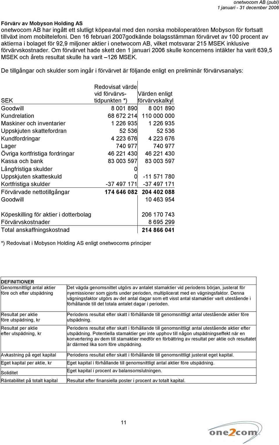 Om förvärvet hade skett den 1 januari 2006 skulle koncernens intäkter ha varit 639,5 MSEK och årets resultat skulle ha varit 126 MSEK.