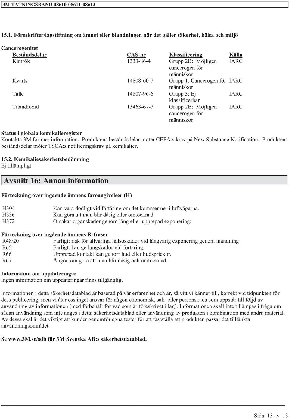 IARC Status i globala kemikalieregister Kontakta 3M för mer information. Produktens beståndsdelar möter CEPA:s krav på New Substance Notification.