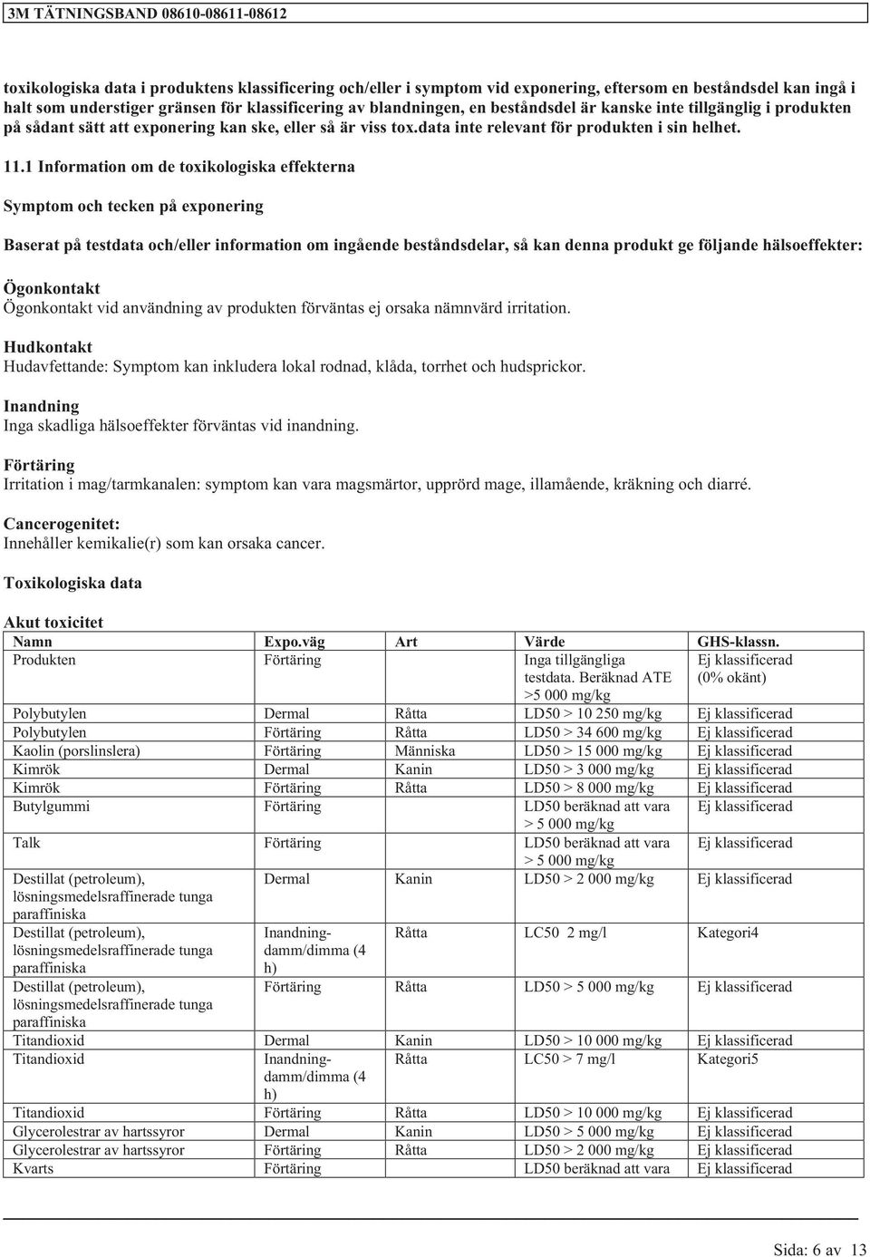 1 Information om de toxikologiska effekterna Symptom och tecken på exponering Baserat på testdata och/eller information om ingående beståndsdelar, så kan denna produkt ge följande hälsoeffekter: