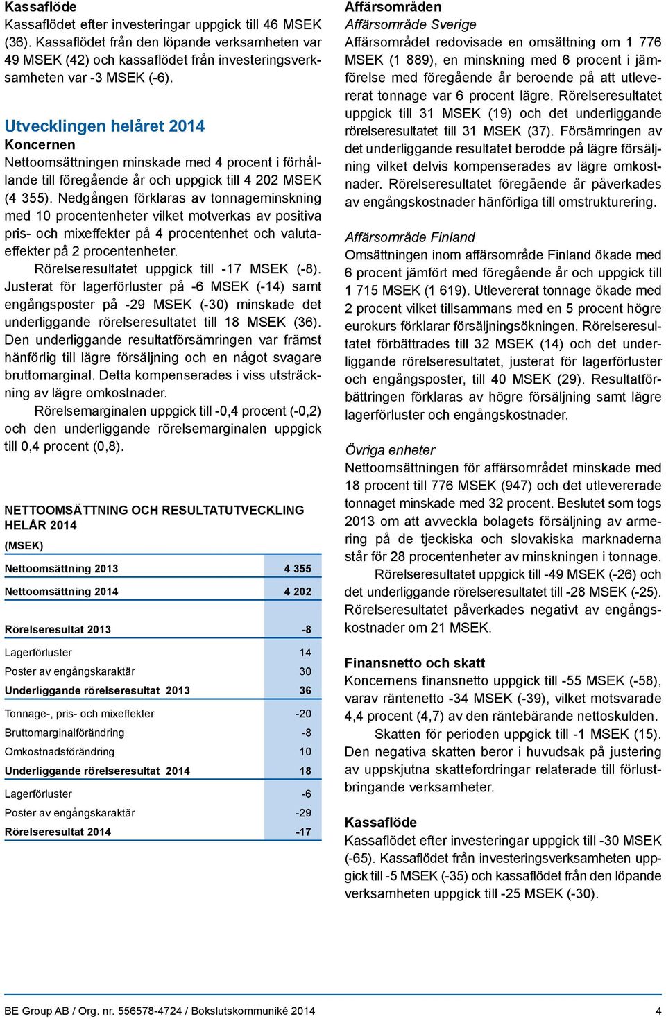 Nedgången förklaras av tonnageminskning med 10 procentenheter vilket motverkas av positiva pris- och mixeffekter på 4 procentenhet och valutaeffekter på 2 procentenheter.