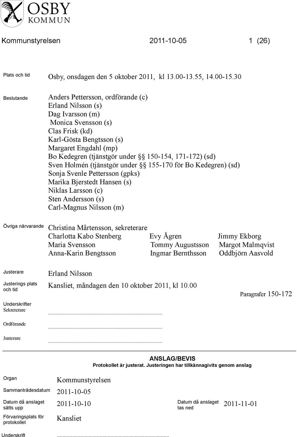 171-172) (sd) Sven Holmén (tjänstgör under 155-170 för Bo Kedegren) (sd) Sonja Svenle Pettersson (gpks) Marika Bjerstedt Hansen (s) Niklas Larsson (c) Sten Andersson (s) Carl-Magnus Nilsson (m)