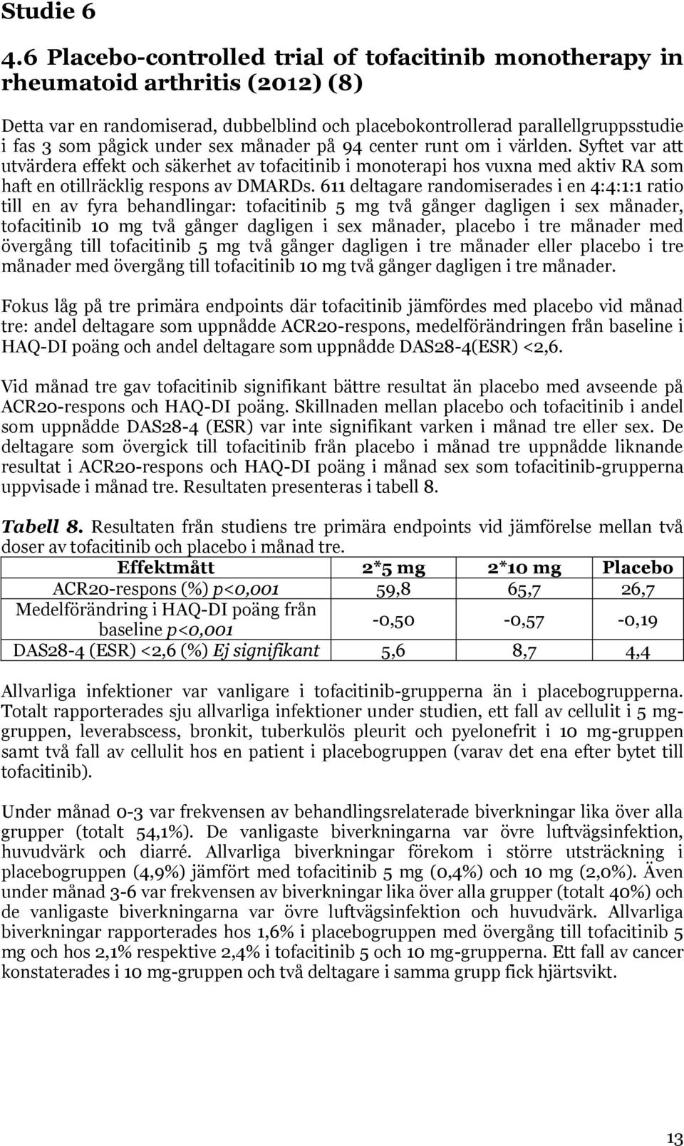 sex månader på 94 center runt om i världen. Syftet var att utvärdera effekt och säkerhet av tofacitinib i monoterapi hos vuxna med aktiv RA som haft en otillräcklig respons av DMARDs.