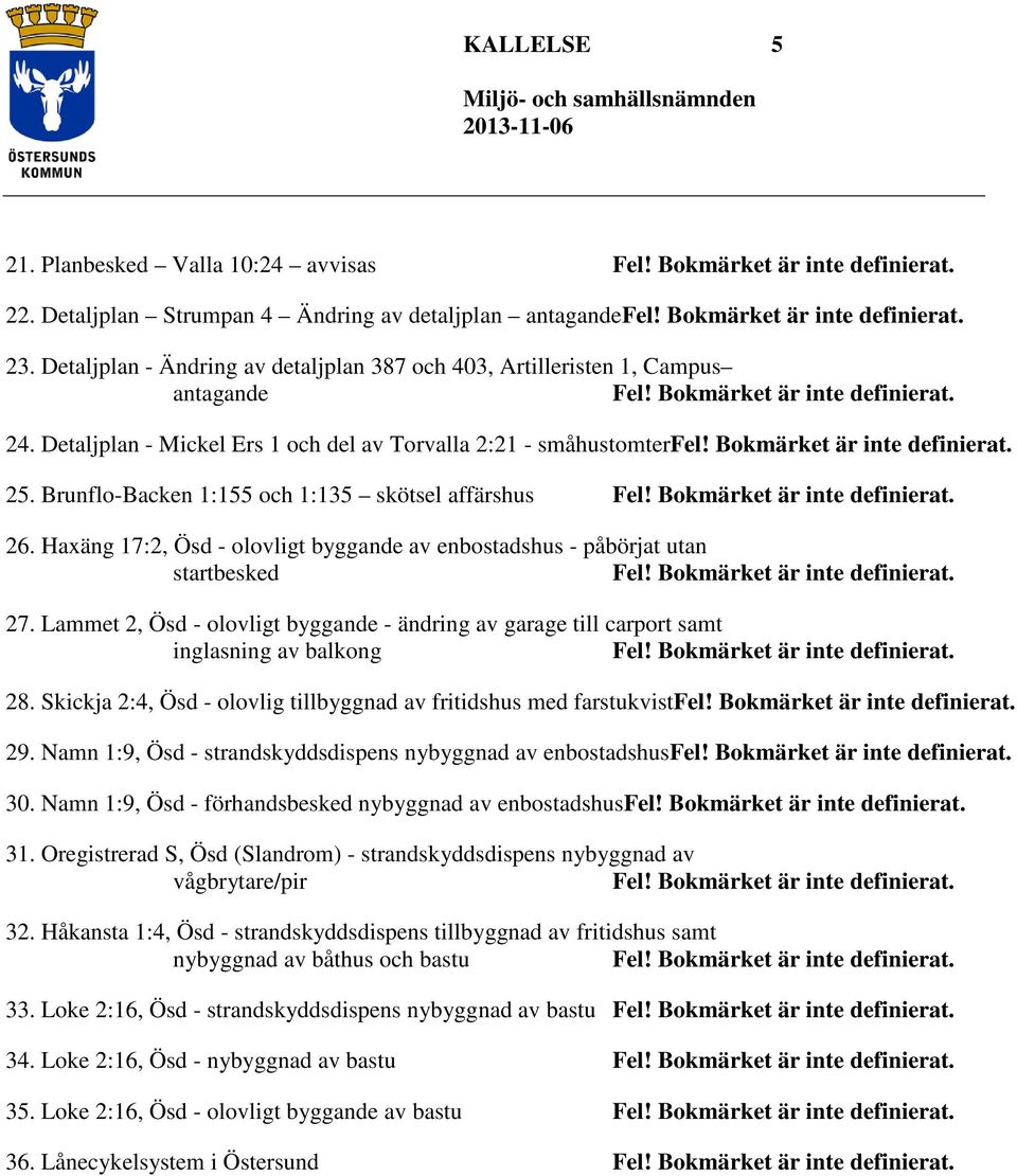 Haxäng 17:2, Ösd - olovligt byggande av enbostadshus - påbörjat utan startbesked 27. Lammet 2, Ösd - olovligt byggande - ändring av garage till carport samt inglasning av balkong 28.