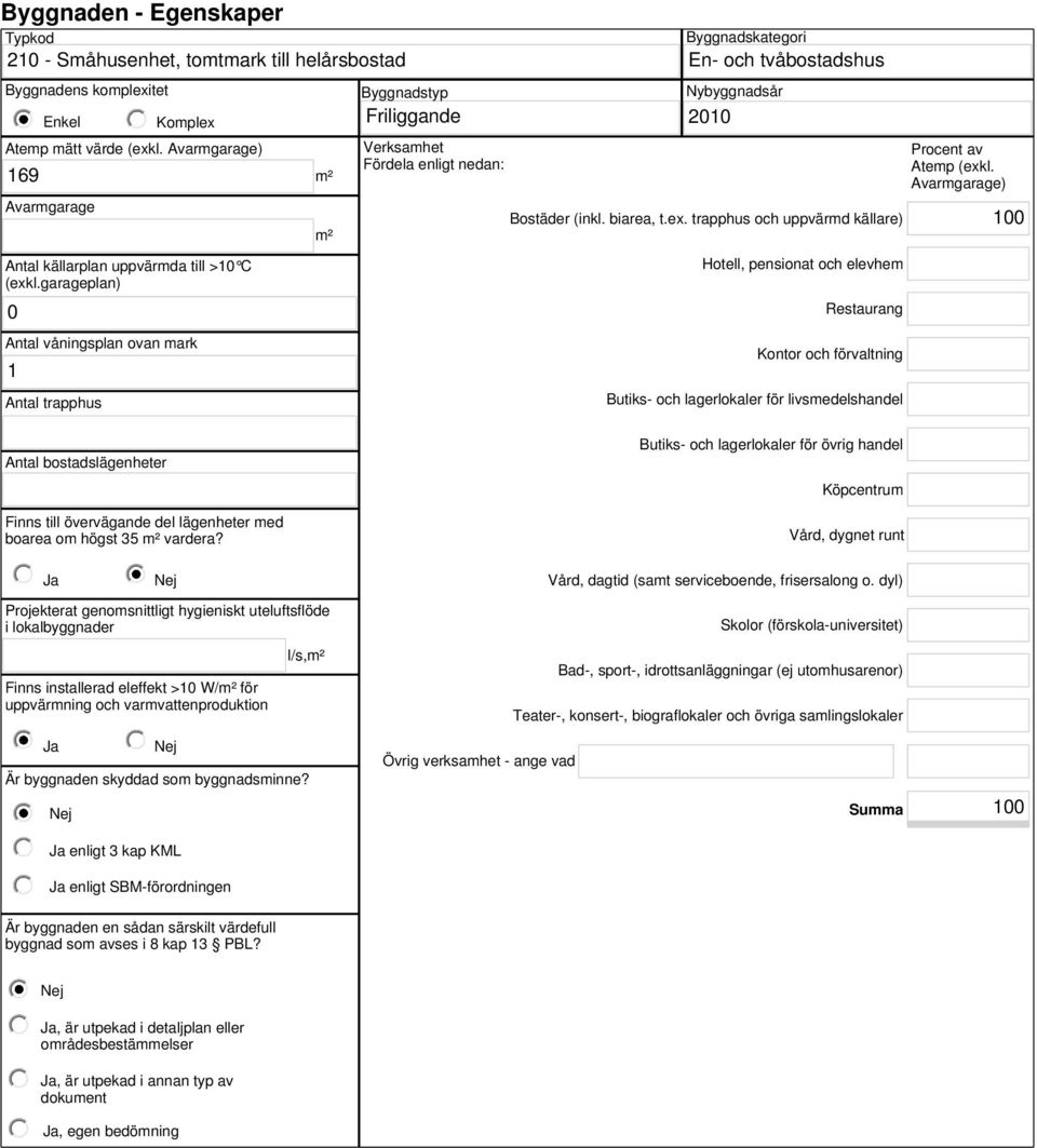 garageplan) 0 Antal våningsplan ovan mark 1 Antal trapphus Verksamhet Fördela enligt nedan: Byggnadskategori En- och tvåbostadshus Nybyggnadsår 2010 Bostäder (inkl. biarea, t.ex.