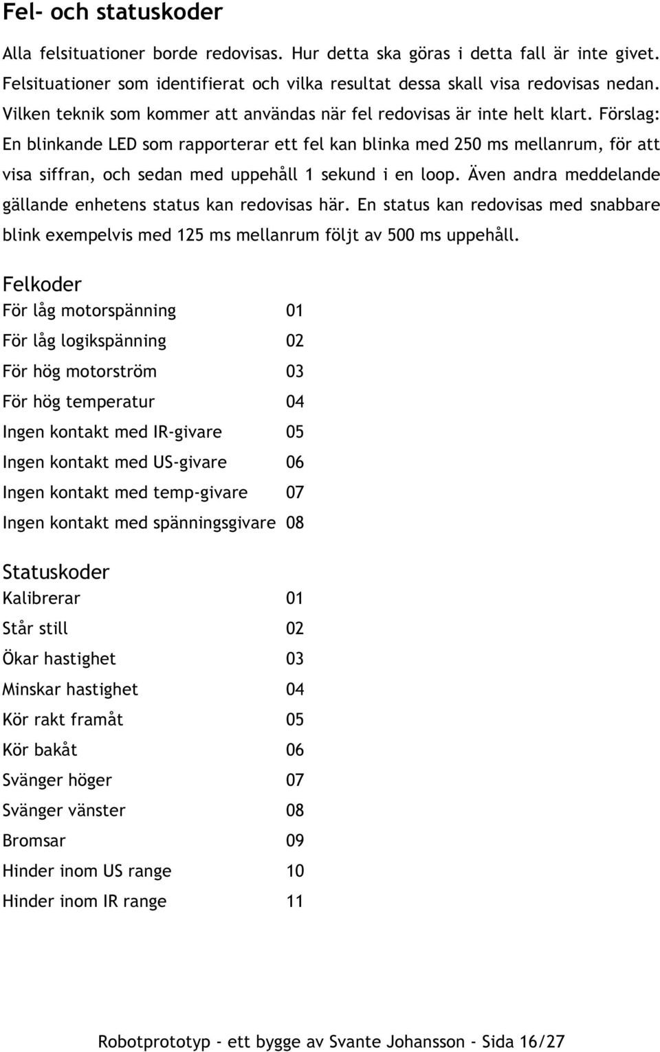 Förslag: En blinkande LED som rapporterar ett fel kan blinka med 250 ms mellanrum, för att visa siffran, och sedan med uppehåll 1 sekund i en loop.