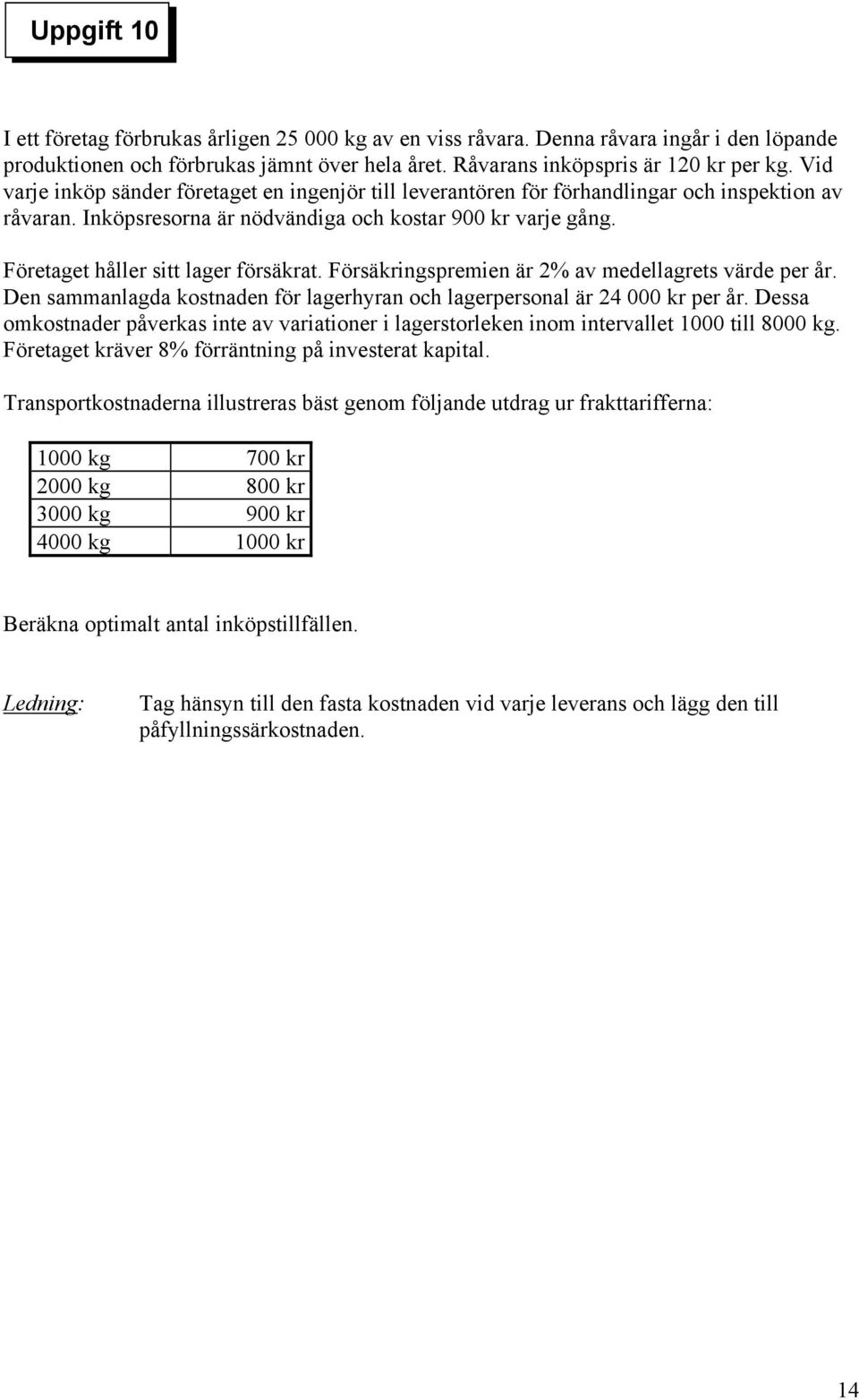 Företaget håller sitt lager försäkrat. Försäkringspremien är 2% av medellagrets värde per år. Den sammanlagda kostnaden för lagerhyran och lagerpersonal är 24 000 kr per år.