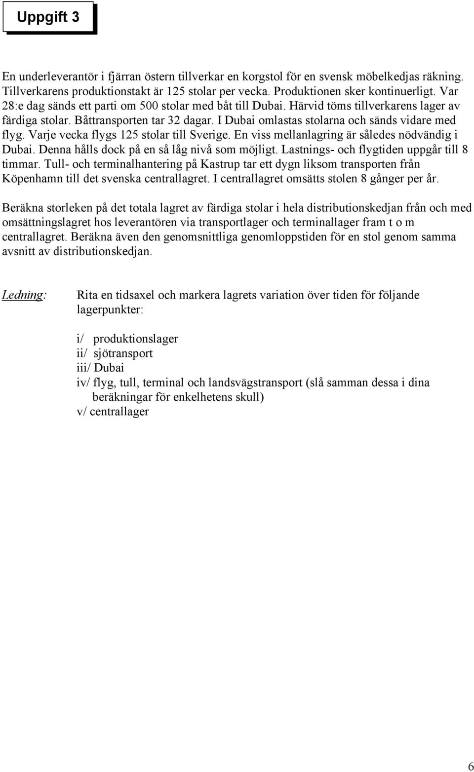 Varje vecka flygs 125 stolar till Sverige. En viss mellanlagring är således nödvändig i Dubai. Denna hålls dock på en så låg nivå som möjligt. Lastnings- och flygtiden uppgår till 8 timmar.