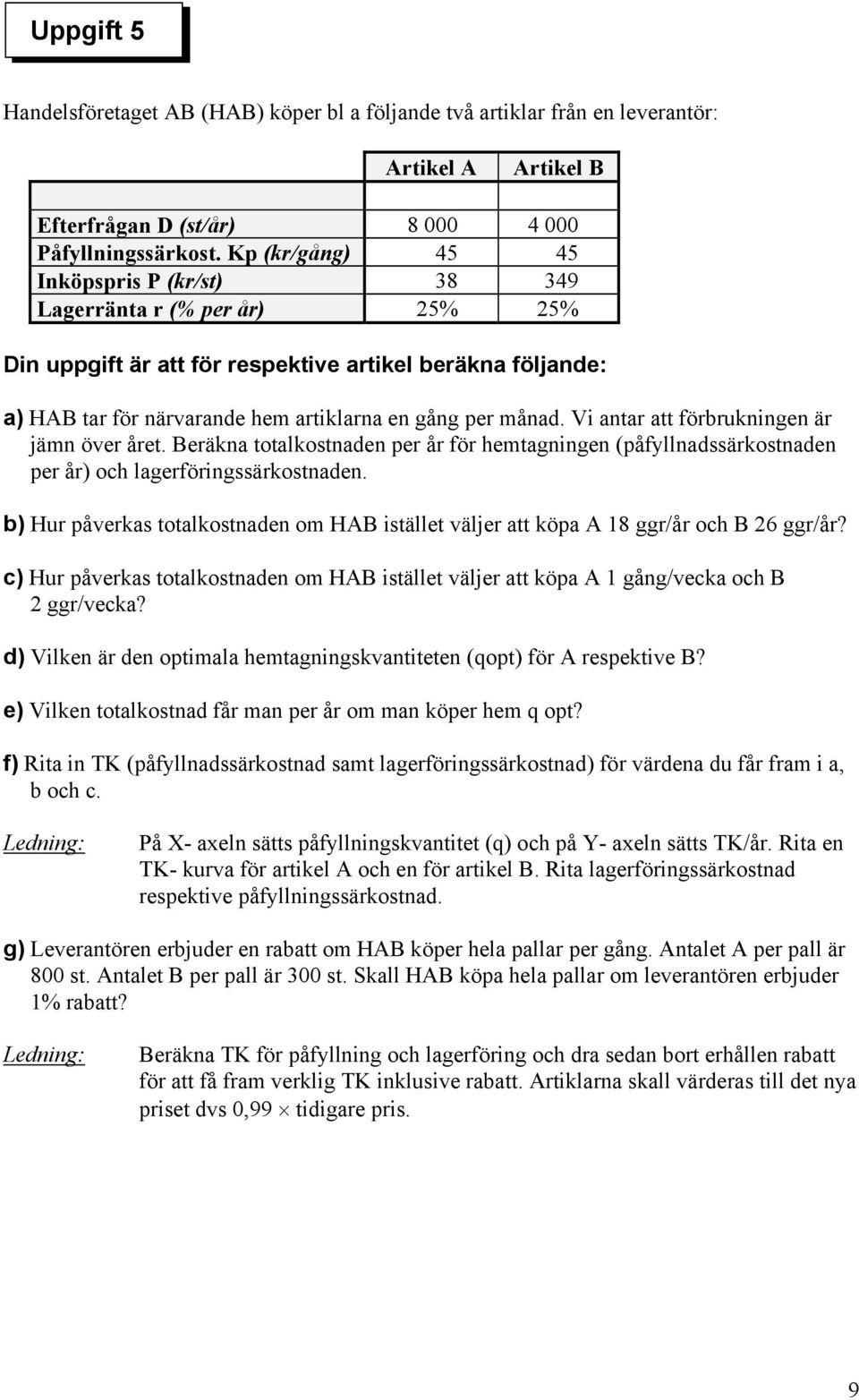 Vi antar att förbrukningen är jämn över året. Beräkna totalkostnaden per år för hemtagningen (påfyllnadssärkostnaden per år) och lagerföringssärkostnaden.