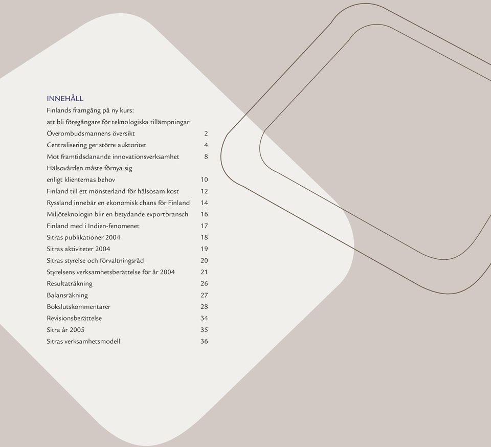 14 Miljöteknologin blir en betydande exportbransch 16 Finland med i Indien-fenomenet 17 Sitras publikationer 2004 18 Sitras aktiviteter 2004 19 Sitras styrelse och