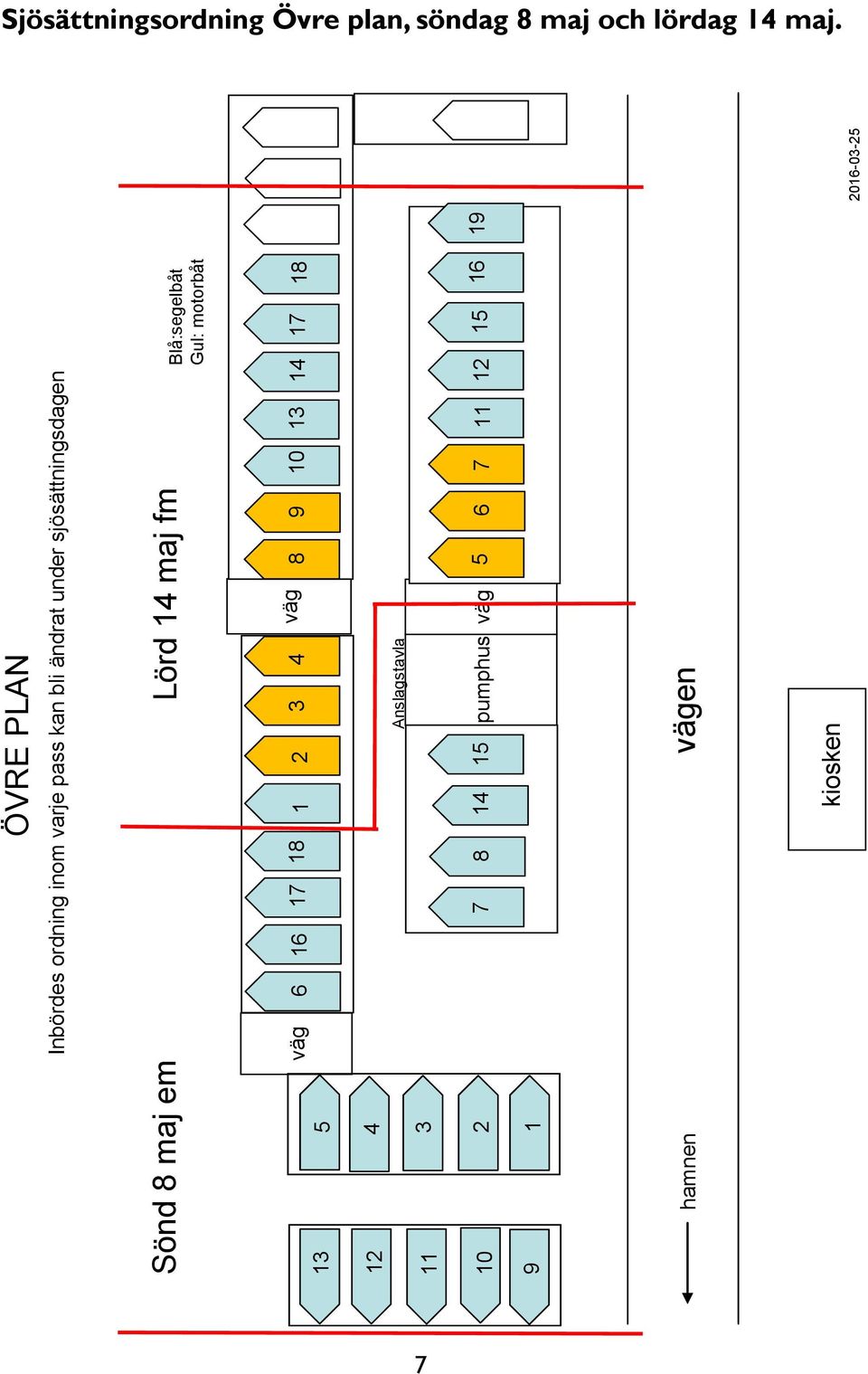 maj em Lörd 14 maj fm Blå:segelbåt Gul: motorbåt 13 5 väg 6 16 17 18 2 3 4 väg 1 8 9 10