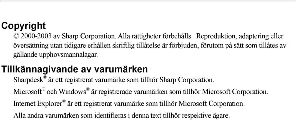 upphovsmannalagar. Tillkännagivande av varumärken Sharpdesk är ett registrerat varumärke som tillhör Sharp Corporation.