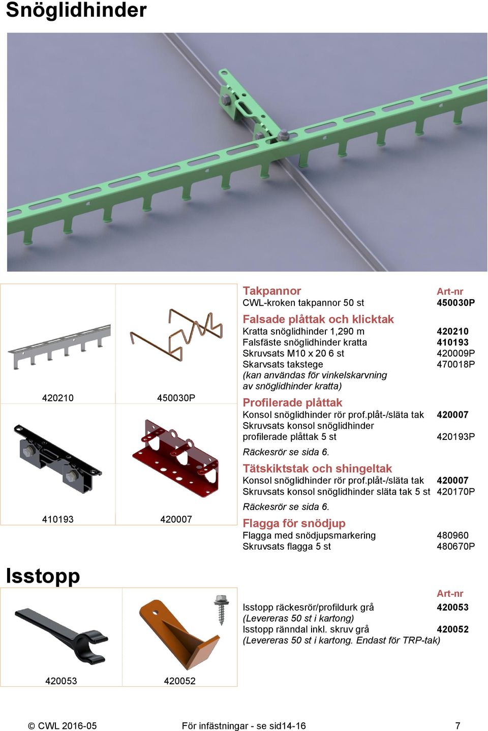 plåt-/släta tak 420007 Skruvsats konsol snöglidhinder profilerade plåttak 5 st Räckesrör se sida 6. 420193P Tätskiktstak och shingeltak Konsol snöglidhinder rör prof.