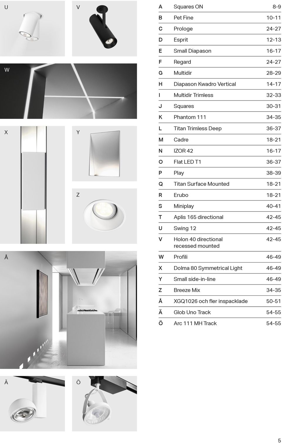 Surface Mounted 18-21 R Erubo 18-21 S Miniplay 40-41 T Aplis 165 directional 42-45 U Swing 12 42-45 V Holon 40 directional recessed mounted 42-45 Å W Profili 46-49 X