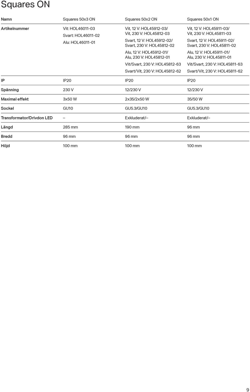 HOL45911-01/ Alu, 230 V: HOL45811-01 Vit/Svart, 230 V: HOL45812-63 Vit/Svart, 230 V: HOL45811-63 Svart/Vit, 230 V: HOL45812-62 Svart/Vit, 230 V: HOL45811-62 IP IP20 IP20 IP20 Spänning 230 V 12/230 V