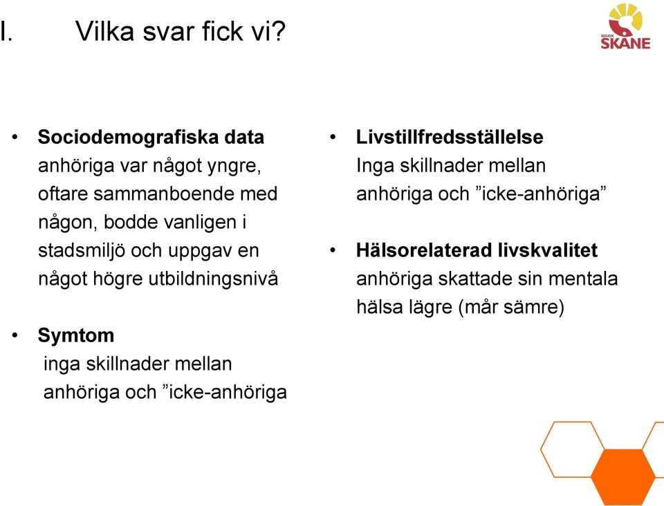 i stadsmiljö och uppgav en något högre utbildningsnivå Symtom inga skillnader mellan anhöriga