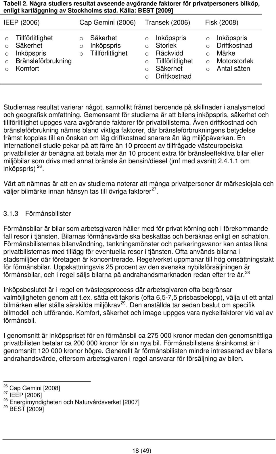 Inköpspris o Storlek o Räckvidd o Tillförlitlighet o Säkerhet o Driftkostnad o Inköpspris o Driftkostnad o Märke o Motorstorlek o Antal säten Studiernas resultat varierar något, sannolikt främst