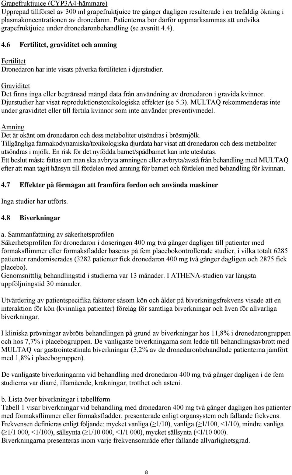 4). 4.6 Fertilitet, graviditet och amning Fertilitet Dronedaron har inte visats påverka fertiliteten i djurstudier.