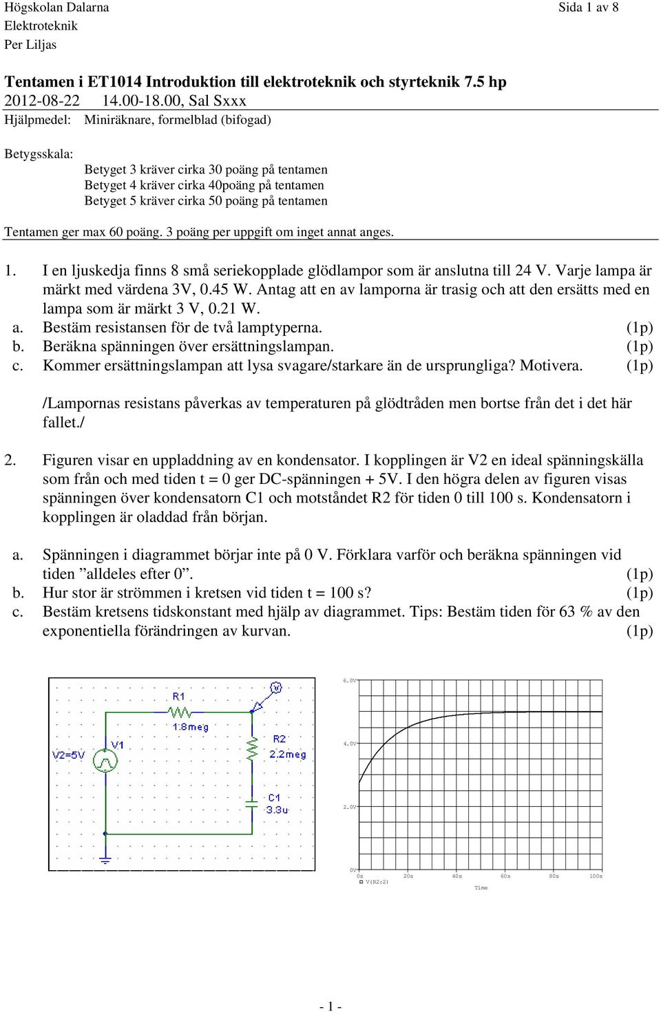 tentamen Tentamen ger max 60 poäng. 3 poäng per uppgift om inget annat anges. 1. I en ljuskedja finns 8 små seriekopplade glödlampor som är anslutna till 24 V. Varje lampa är märkt med värdena 3V, 0.
