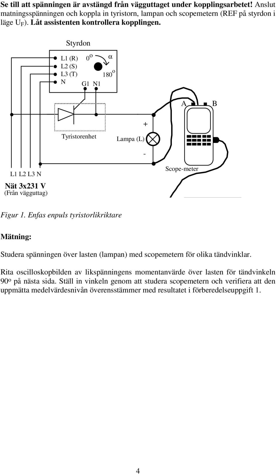 Enfas enpuls tyristorlikriktare Mätning: Studera spänningen över lasten (lampan) med scopemetern för olika tändvinklar.