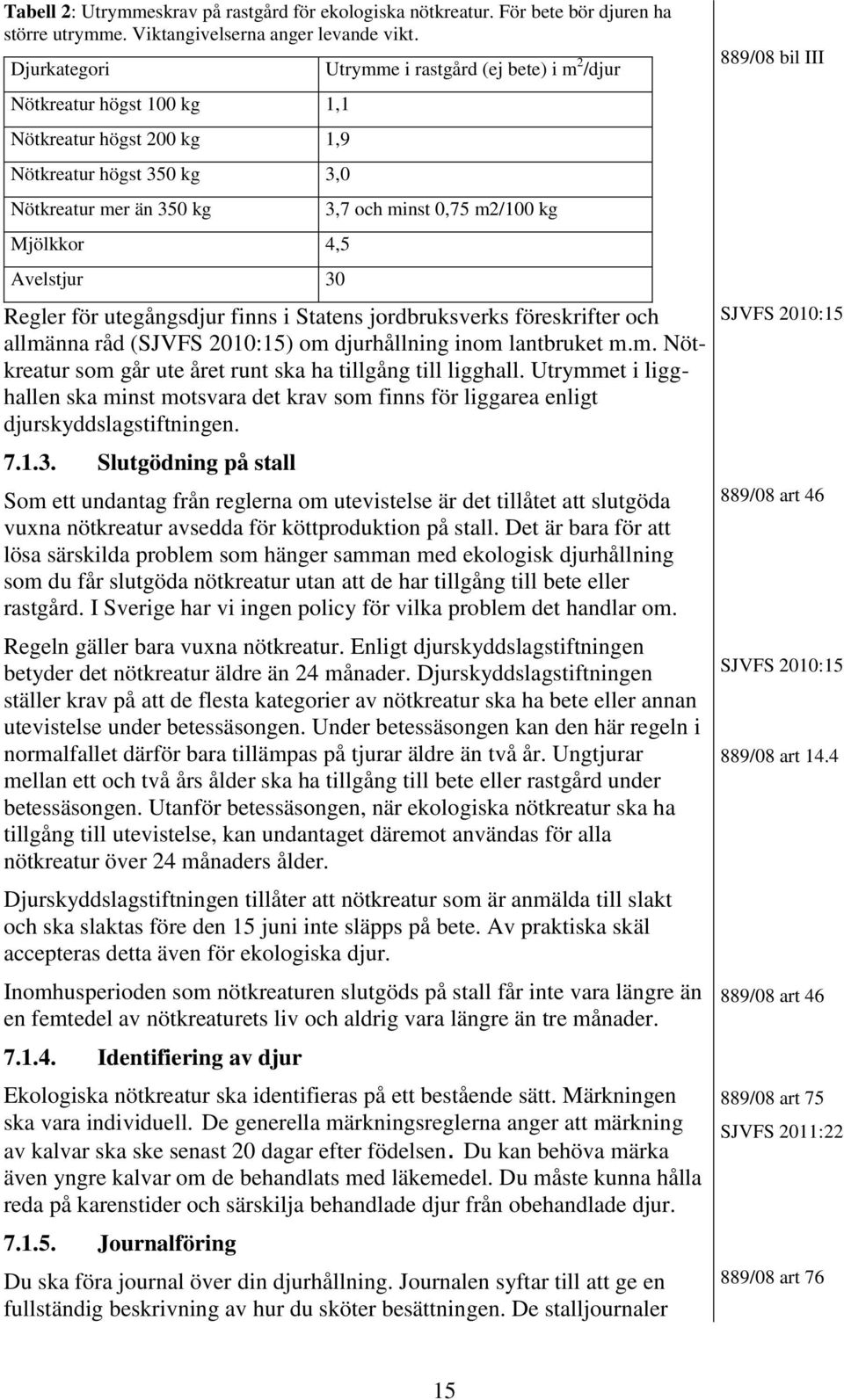 minst 0,75 m2/100 kg Regler för utegångsdjur finns i Statens jordbruksverks föreskrifter och allmänna råd (SJVFS 2010:15) om djurhållning inom lantbruket m.m. Nötkreatur som går ute året runt ska ha tillgång till ligghall.