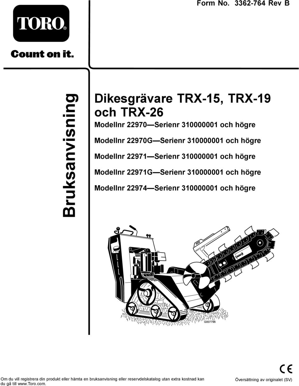 22970G Serienr 310000001 och högre Modellnr 22971 Serienr 310000001 och högre Modellnr 22971G Serienr 310000001