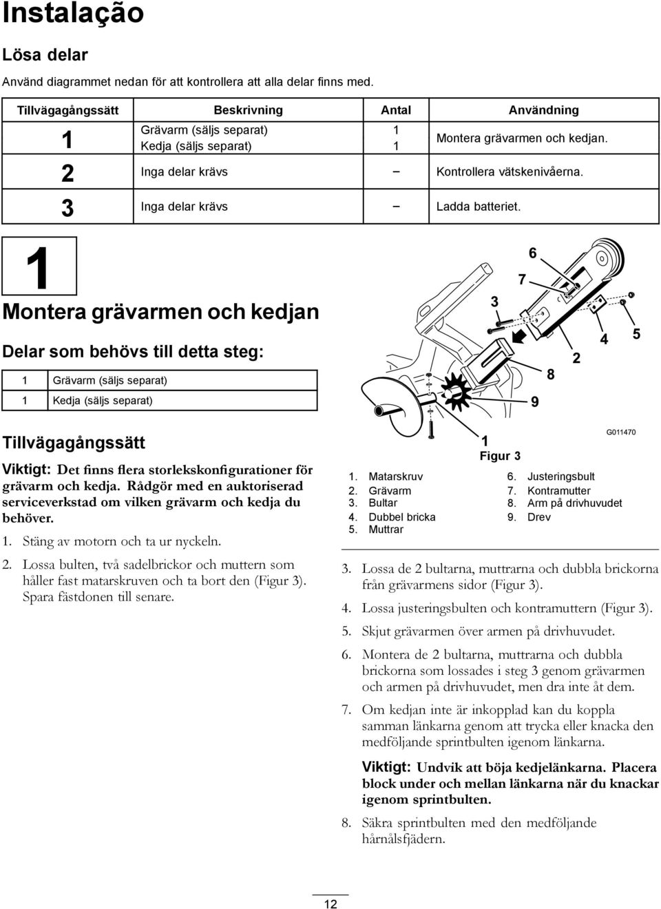 1 Montera grävarmen och kedjan Delar som behövs till detta steg: 1 Grävarm (säljs separat) 1 Kedja (säljs separat) Tillvägagångssätt Viktigt: Det finns flera storlekskonfigurationer för grävarm och