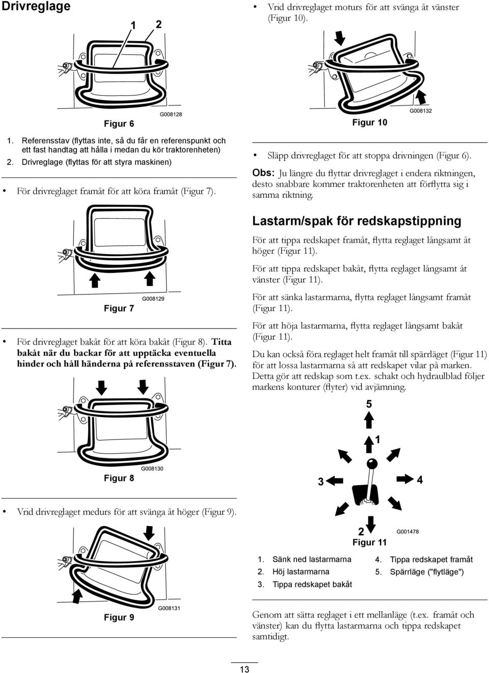 Drivreglage (flyttas för att styra maskinen) För drivreglaget framåt för att köra framåt (Figur 7). Släpp drivreglaget för att stoppa drivningen (Figur 6).