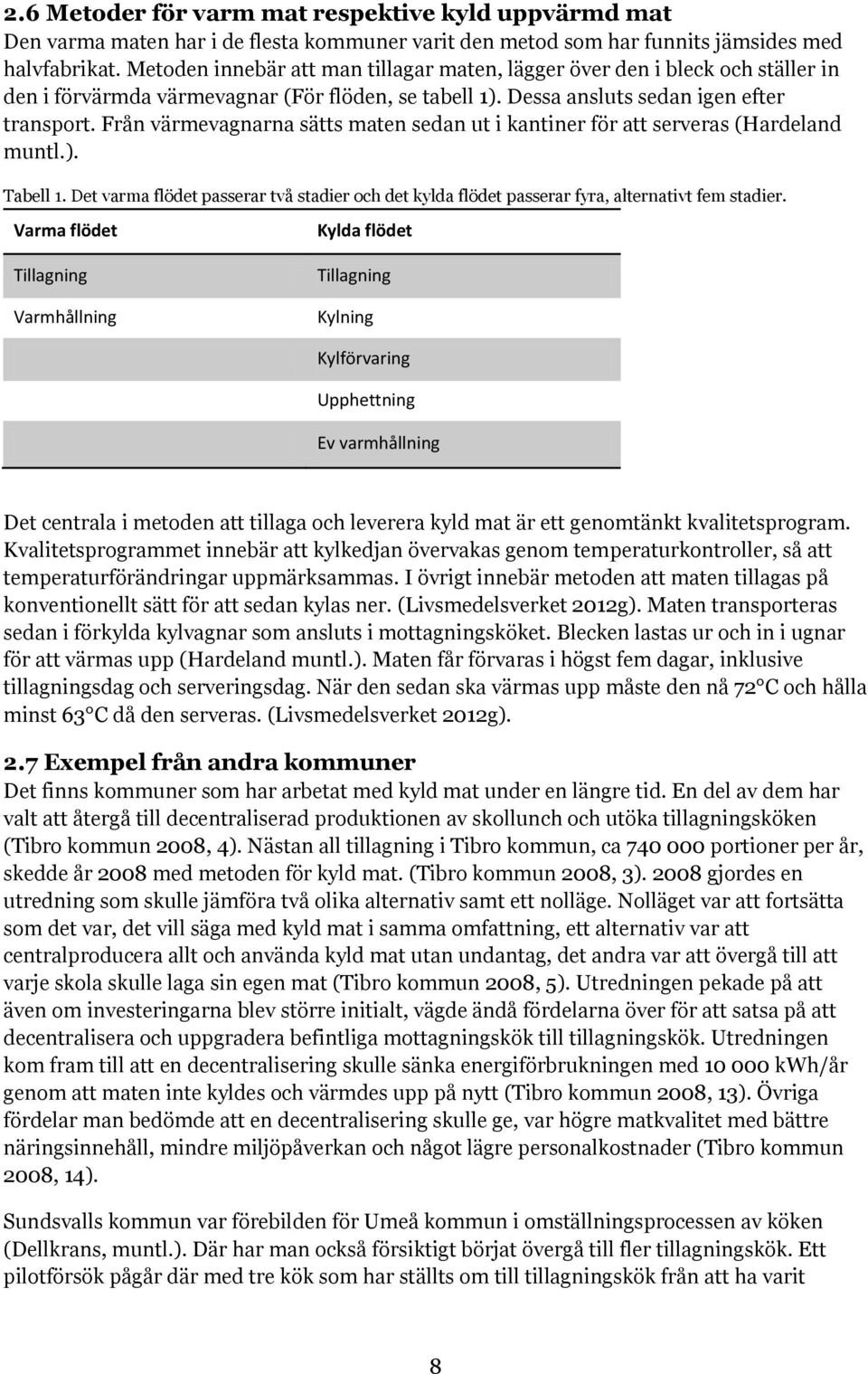 Från värmevagnarna sätts maten sedan ut i kantiner för att serveras (Hardeland muntl.). Tabell 1. Det varma flödet passerar två stadier och det kylda flödet passerar fyra, alternativt fem stadier.