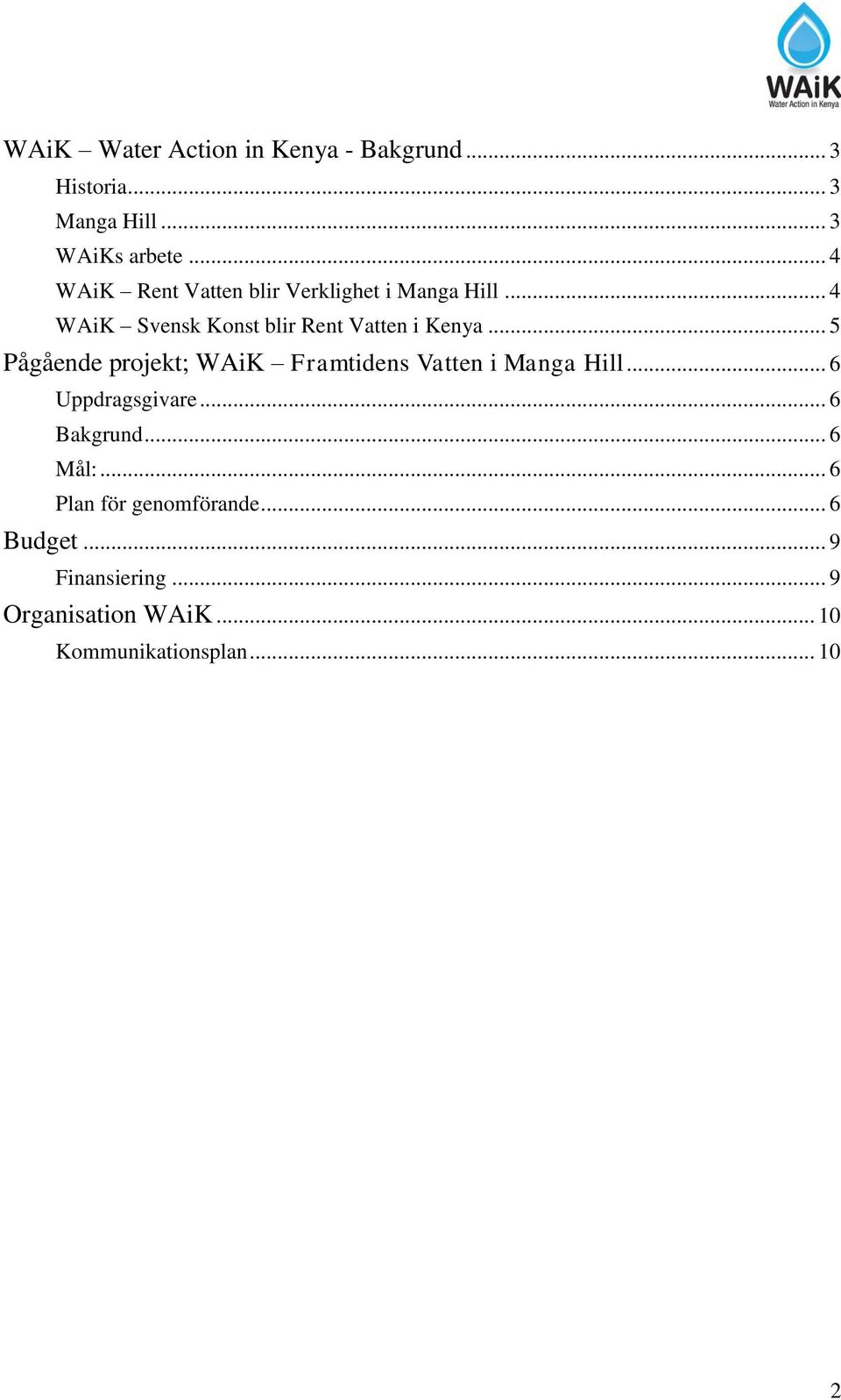 .. 5 Pågående projekt; WAiK Framtidens Vatten i Manga Hill... 6 Uppdragsgivare... 6 Bakgrund.