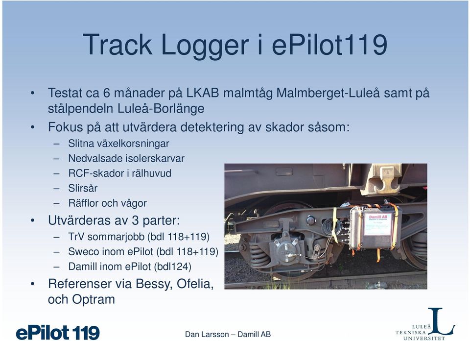 isolerskarvar RCF-skador i rälhuvud Slirsår Räfflor och vågor Utvärderas av 3 parter: TrV sommarjobb